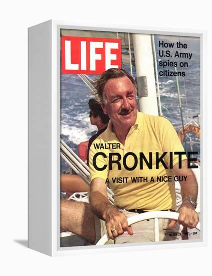 Walter Cronkite at Wheel of Boat, March 26, 1971-Leonard Mccombe-Framed Premier Image Canvas