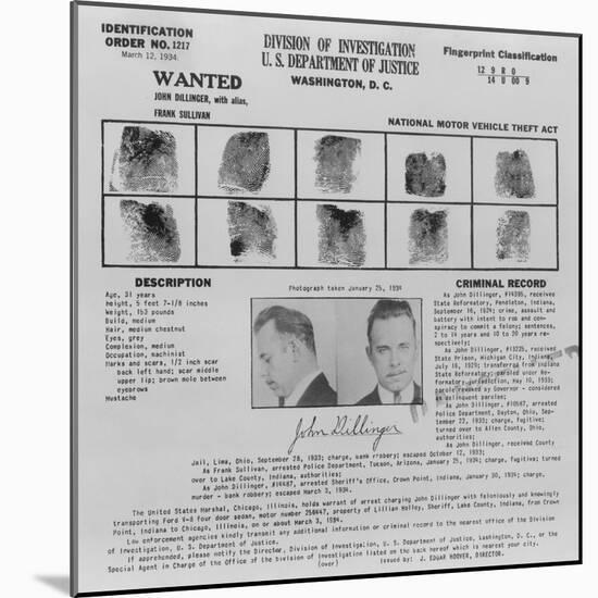 Wanted Poster for John Dillinger, 1934-null-Mounted Art Print