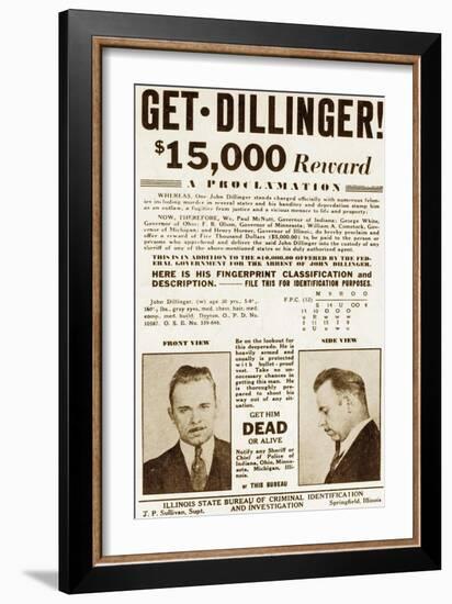 Wanted Poster for John Dillinger, Offering $15,000 for His Capture. 1934-null-Framed Premium Giclee Print