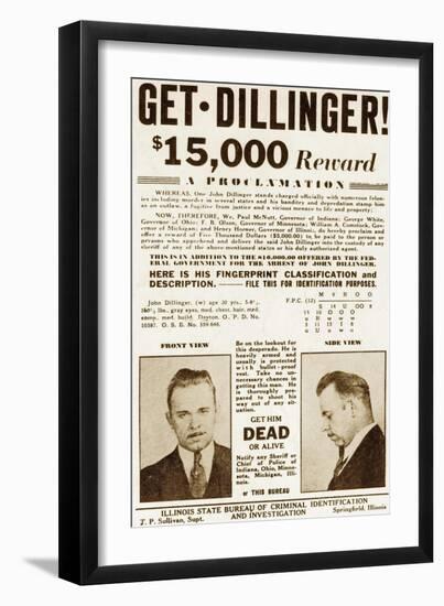 Wanted Poster for John Dillinger, Offering $15,000 for His Capture. 1934-null-Framed Art Print