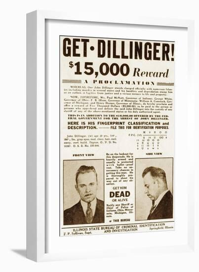 Wanted Poster for John Dillinger, Offering $15,000 for His Capture. 1934-null-Framed Art Print