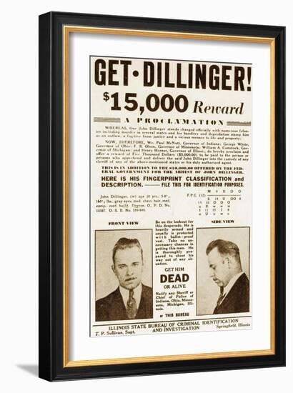 Wanted Poster for John Dillinger, Offering $15,000 for His Capture. 1934-null-Framed Art Print