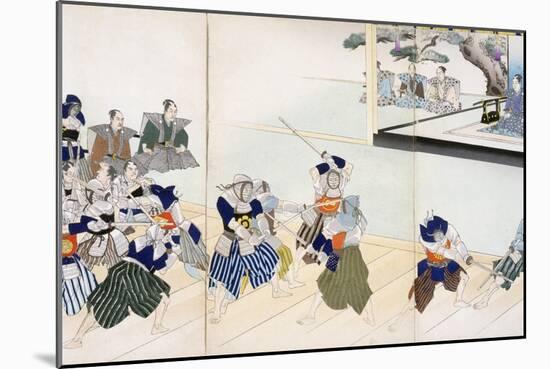 Warlord Watches Samurai Practising their Swordplay (Colour Woodblock Print)-Japanese-Mounted Giclee Print