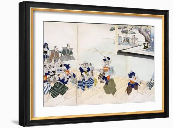 Warlord Watches Samurai Practising their Swordplay (Colour Woodblock Print)-Japanese-Framed Giclee Print