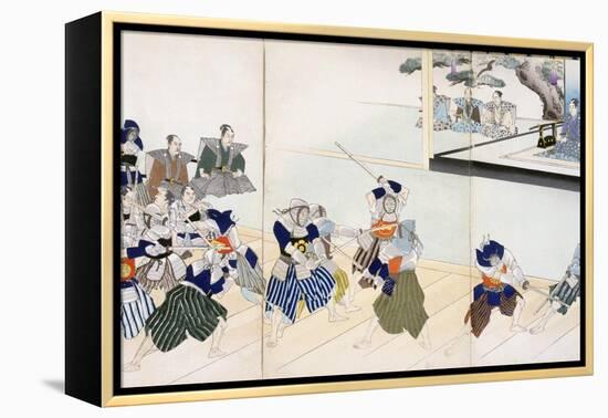 Warlord Watches Samurai Practising their Swordplay (Colour Woodblock Print)-Japanese-Framed Premier Image Canvas