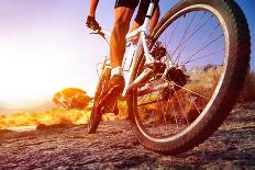 Low Angle View Of Cyclist Riding Mountain Bike On Rocky Trail At Sunrise-warrengoldswain-Photographic Print