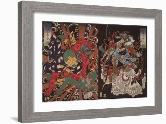 Warrior on Skull and Kintoki Overpowering a Demon, from the Series Valour in China and Japan, 1868-Tsukioka Yoshitoshi-Framed Giclee Print