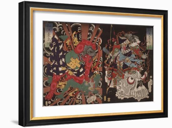 Warrior on Skull and Kintoki Overpowering a Demon, from the Series Valour in China and Japan, 1868-Tsukioka Yoshitoshi-Framed Giclee Print