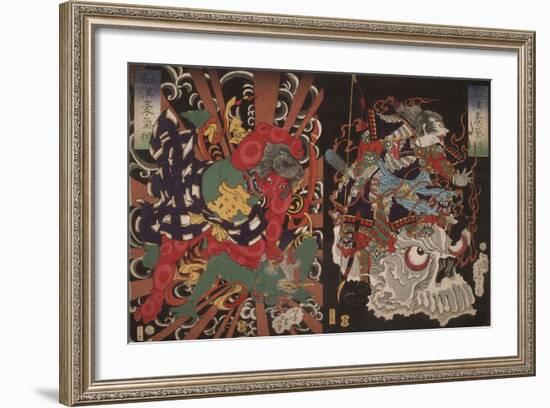 Warrior on Skull and Kintoki Overpowering a Demon, from the Series Valour in China and Japan, 1868-Tsukioka Yoshitoshi-Framed Giclee Print