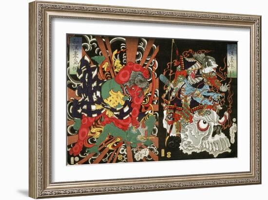 Warrior on Skull and Kintoki Overpowering a Demon, from the Series Valour in China and Japan, 1868-Tsukioka Yoshitoshi-Framed Giclee Print