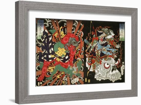 Warrior on Skull and Kintoki Overpowering a Demon, from the Series Valour in China and Japan, 1868-Tsukioka Yoshitoshi-Framed Giclee Print