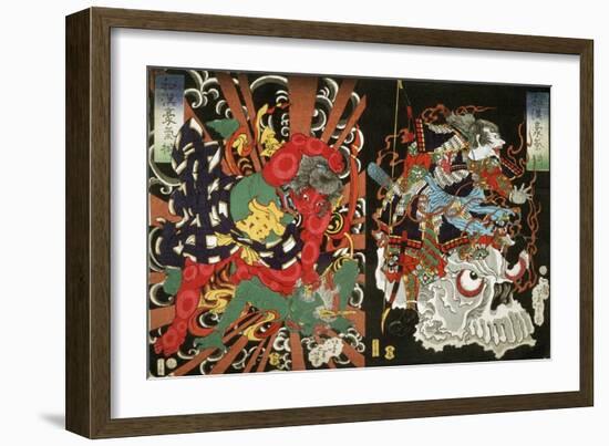 Warrior on Skull and Kintoki Overpowering a Demon, from the Series Valour in China and Japan, 1868-Tsukioka Yoshitoshi-Framed Giclee Print