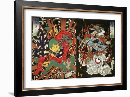 Warrior on Skull and Kintoki Overpowering a Demon, from the Series Valour in China and Japan, 1868-Tsukioka Yoshitoshi-Framed Giclee Print