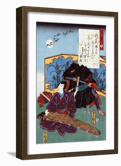 Warrior Sneaks up behind a Koto Musician, Japanese Wood-Cut Print-Lantern Press-Framed Art Print