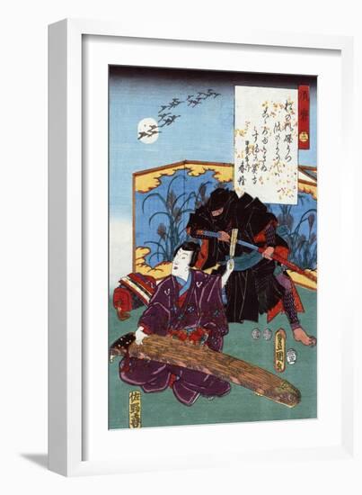 Warrior Sneaks up behind a Koto Musician, Japanese Wood-Cut Print-Lantern Press-Framed Art Print