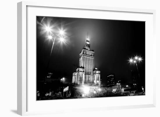 Warsaw, Poland Downtown Skyline At Night In Black And White-Michal Bednarek-Framed Art Print