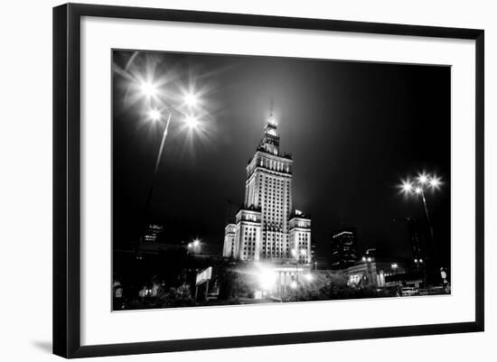 Warsaw, Poland Downtown Skyline At Night In Black And White-Michal Bednarek-Framed Art Print