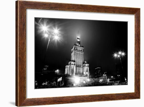 Warsaw, Poland Downtown Skyline At Night In Black And White-Michal Bednarek-Framed Art Print