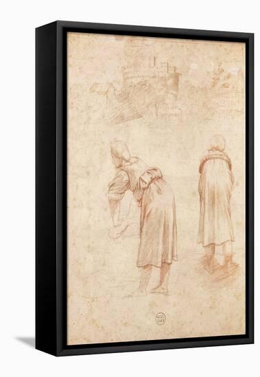 Washerwomen on the Banks of the Tiber and Studies of the Chateau Saint-Ange (Red Chalk on Paper)-Raphael-Framed Premier Image Canvas