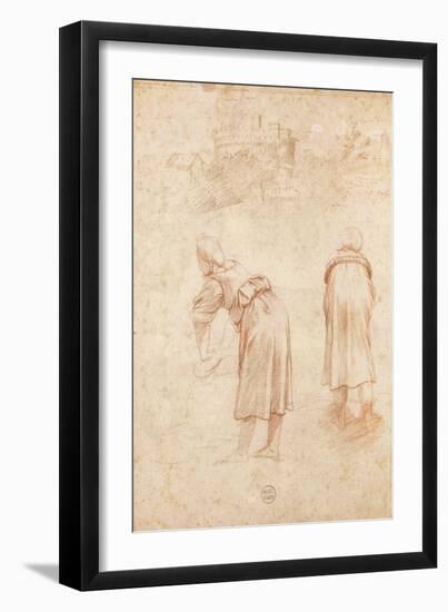 Washerwomen on the Banks of the Tiber and Studies of the Chateau Saint-Ange (Red Chalk on Paper)-Raphael-Framed Giclee Print
