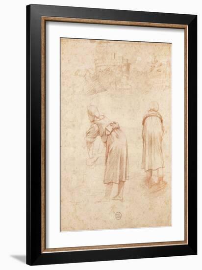 Washerwomen on the Banks of the Tiber and Studies of the Chateau Saint-Ange (Red Chalk on Paper)-Raphael-Framed Giclee Print