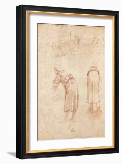 Washerwomen on the Banks of the Tiber and Studies of the Chateau Saint-Ange (Red Chalk on Paper)-Raphael-Framed Giclee Print