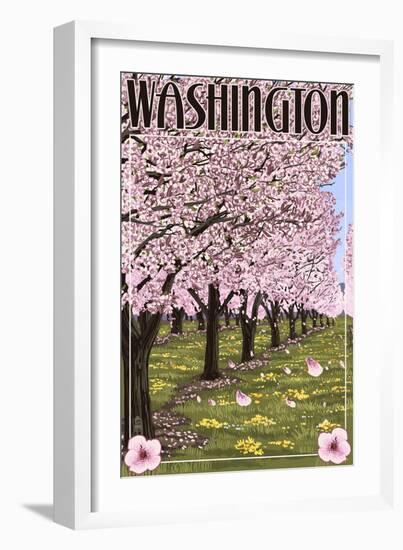 Washington - Cherry Blossoms-Lantern Press-Framed Premium Giclee Print