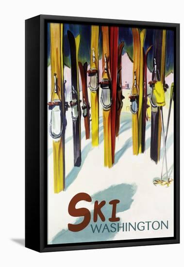 Washington - Colorful Skis-Lantern Press-Framed Stretched Canvas