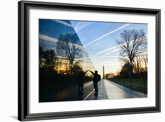 Washington DC - A Veteran Looks for a Name at Vietnam Veterans Memorial Wall at Sunrise-Orhan-Framed Photographic Print