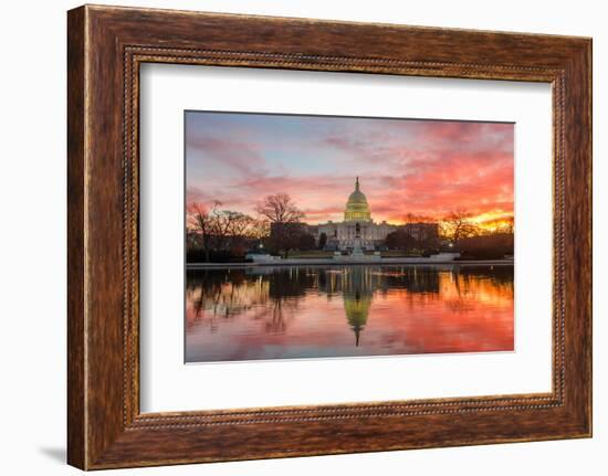 Washington Dc, Capitol Building in a Cloudy Sunrise with Mirror Reflection-Orhan-Framed Photographic Print