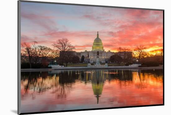 Washington Dc, Capitol Building in a Cloudy Sunrise with Mirror Reflection-Orhan-Mounted Photographic Print