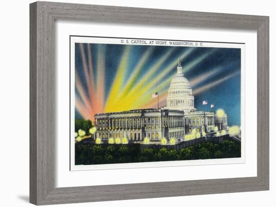 Washington DC, Exterior View of the US Capitol Building at Night-Lantern Press-Framed Art Print