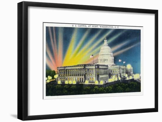 Washington DC, Exterior View of the US Capitol Building at Night-Lantern Press-Framed Art Print