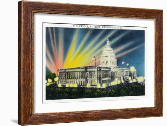 Washington DC, Exterior View of the US Capitol Building at Night-Lantern Press-Framed Art Print