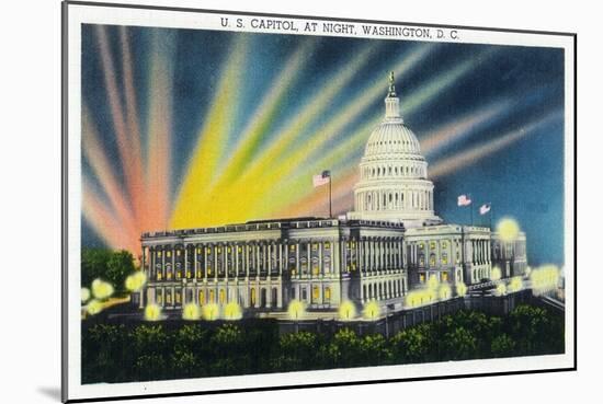 Washington DC, Exterior View of the US Capitol Building at Night-Lantern Press-Mounted Art Print