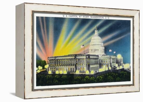 Washington DC, Exterior View of the US Capitol Building at Night-Lantern Press-Framed Stretched Canvas