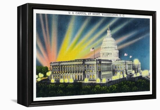 Washington DC, Exterior View of the US Capitol Building at Night-Lantern Press-Framed Stretched Canvas