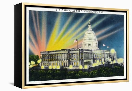 Washington DC, Exterior View of the US Capitol Building at Night-Lantern Press-Framed Stretched Canvas