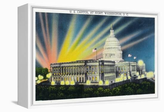 Washington DC, Exterior View of the US Capitol Building at Night-Lantern Press-Framed Stretched Canvas
