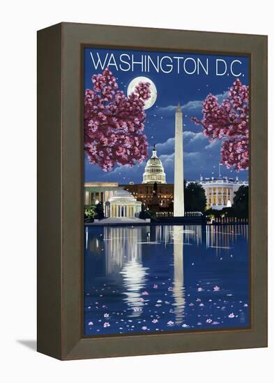 Washington, DC - Night Scene-Lantern Press-Framed Stretched Canvas