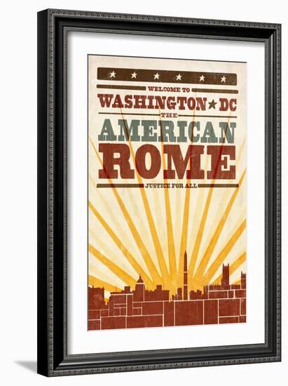 Washington, DC - Skyline and Sunburst Screenprint Style-Lantern Press-Framed Art Print