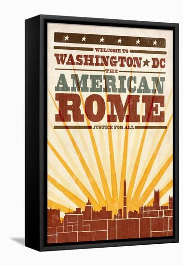 Washington, DC - Skyline and Sunburst Screenprint Style-Lantern Press-Framed Stretched Canvas