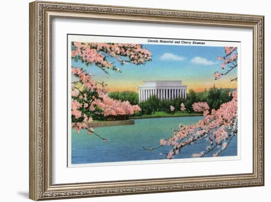 Washington DC, View of the Lincoln Memorial through Blossoming Cherry Trees-Lantern Press-Framed Art Print