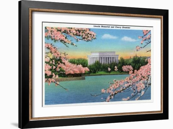 Washington DC, View of the Lincoln Memorial through Blossoming Cherry Trees-Lantern Press-Framed Art Print