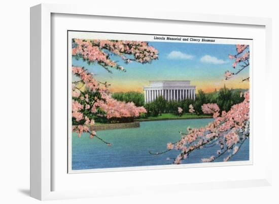 Washington DC, View of the Lincoln Memorial through Blossoming Cherry Trees-Lantern Press-Framed Art Print