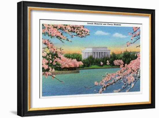 Washington DC, View of the Lincoln Memorial through Blossoming Cherry Trees-Lantern Press-Framed Art Print