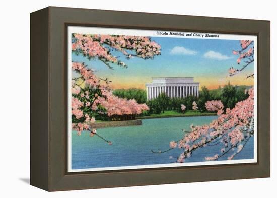 Washington DC, View of the Lincoln Memorial through Blossoming Cherry Trees-Lantern Press-Framed Stretched Canvas