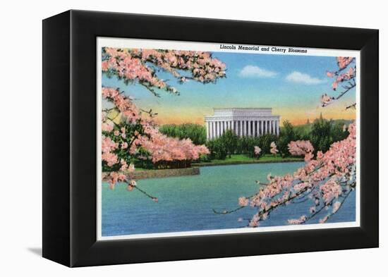 Washington DC, View of the Lincoln Memorial through Blossoming Cherry Trees-Lantern Press-Framed Stretched Canvas