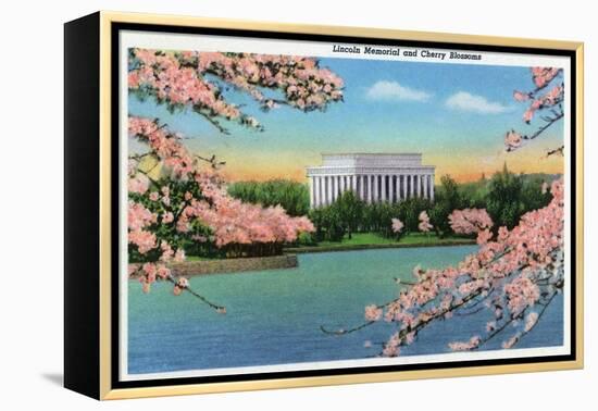 Washington DC, View of the Lincoln Memorial through Blossoming Cherry Trees-Lantern Press-Framed Stretched Canvas