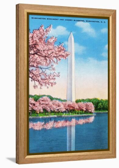 Washington DC, View of the Washington Monument through Blossoming Cherry Trees-Lantern Press-Framed Stretched Canvas